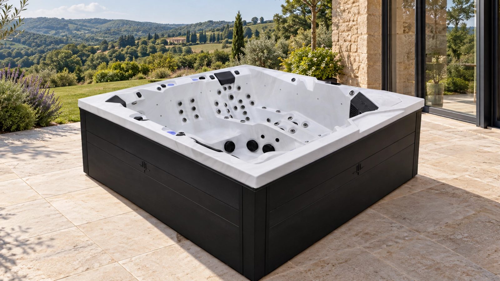 Spa installé sur une terrasse avec vue sur la campagne